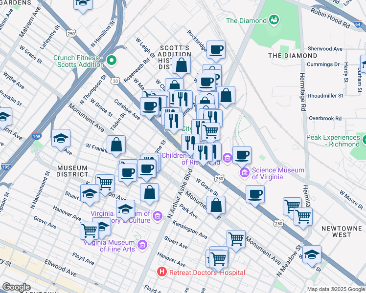 map of restaurants, bars, coffee shops, grocery stores, and more near 2808 West Broad Street in Richmond