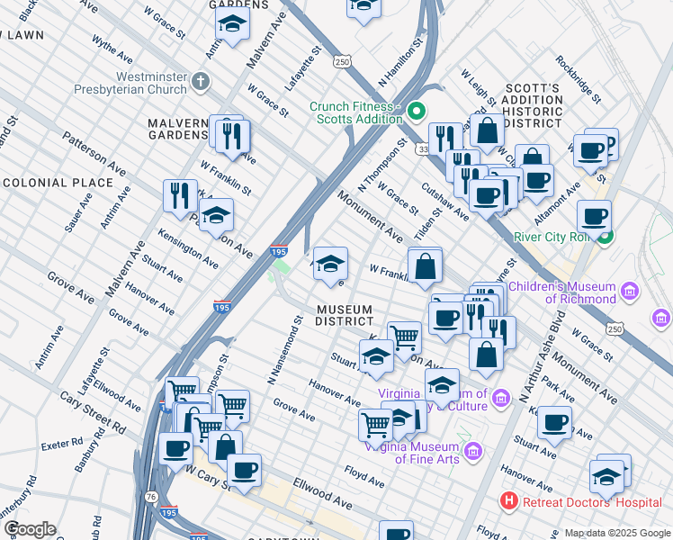 map of restaurants, bars, coffee shops, grocery stores, and more near 3404 Park Avenue in Richmond
