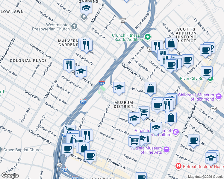 map of restaurants, bars, coffee shops, grocery stores, and more near 606 North Nansemond Street in Richmond
