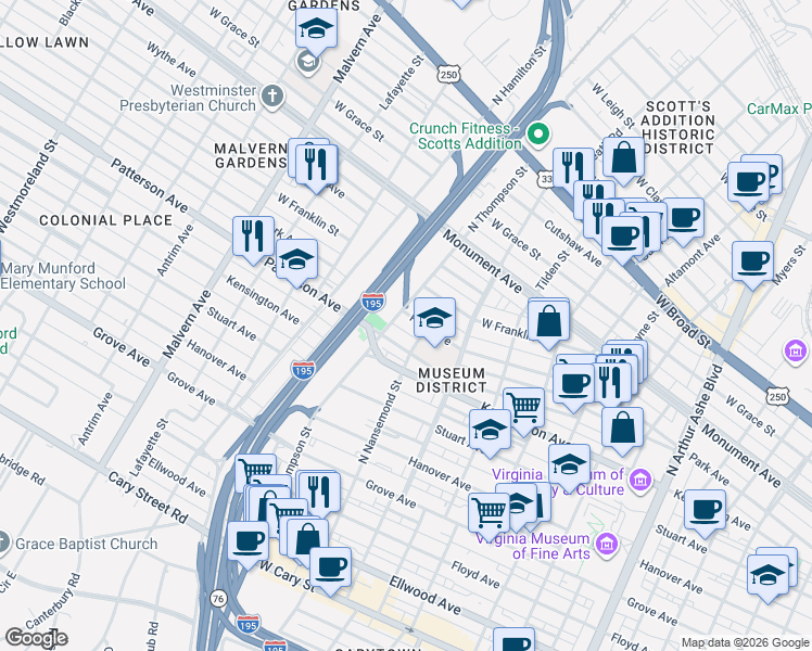 map of restaurants, bars, coffee shops, grocery stores, and more near 606 North Nansemond Street in Richmond