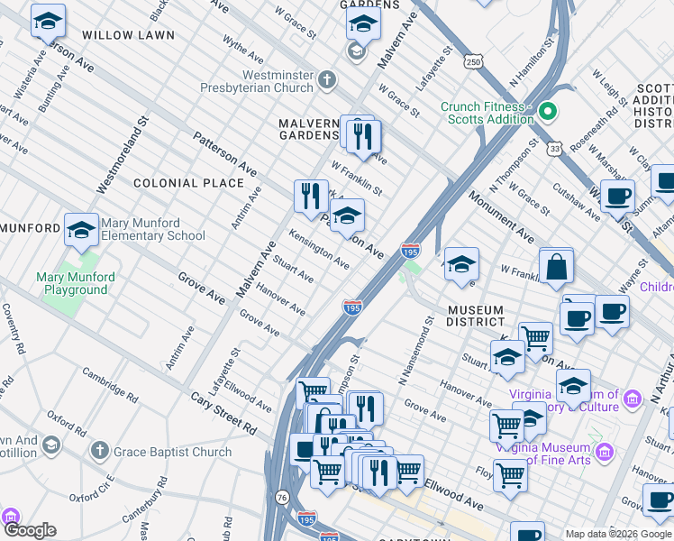 map of restaurants, bars, coffee shops, grocery stores, and more near 503 North Hamilton Street in Richmond