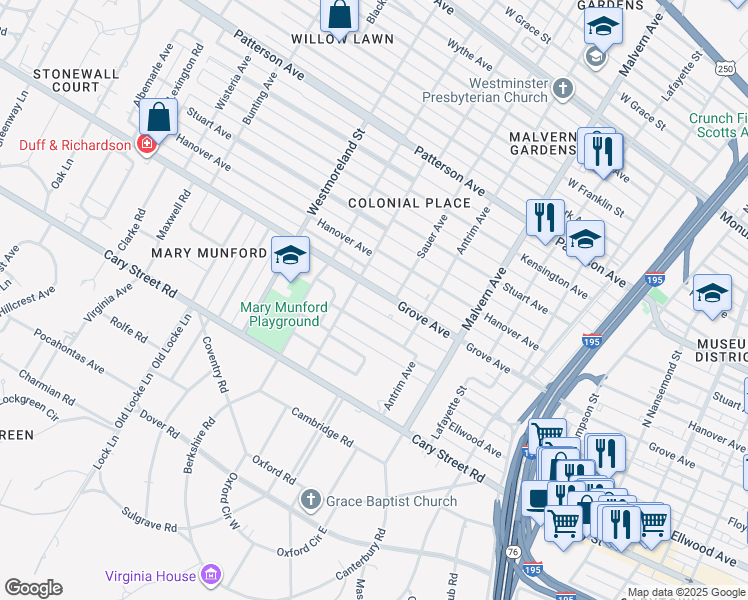 map of restaurants, bars, coffee shops, grocery stores, and more near 4218 Kingcrest Parkway in Richmond