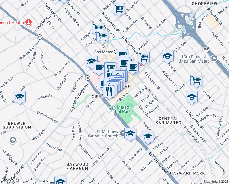 map of restaurants, bars, coffee shops, grocery stores, and more near 78 East 4th Avenue in San Mateo