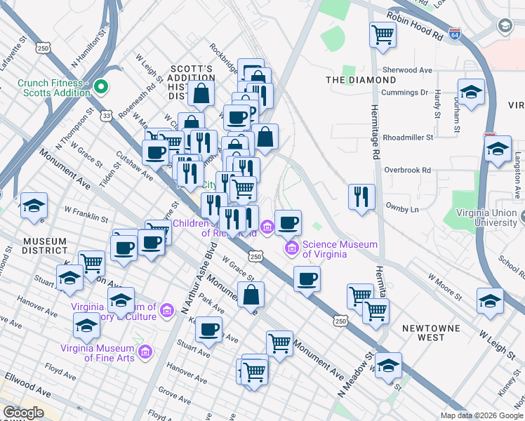 map of restaurants, bars, coffee shops, grocery stores, and more near 900 Terminal Place in Richmond