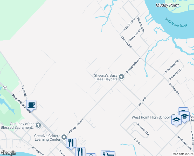 map of restaurants, bars, coffee shops, grocery stores, and more near 3520 Bond Street in West Point