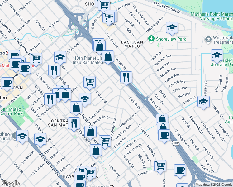 map of restaurants, bars, coffee shops, grocery stores, and more near 1025 Sunnybrae Boulevard in San Mateo