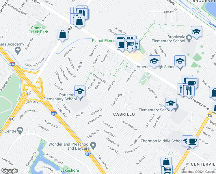 map of restaurants, bars, coffee shops, grocery stores, and more near 4319 Jacinto Drive in Fremont