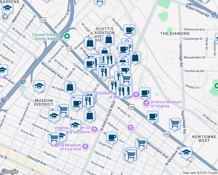 map of restaurants, bars, coffee shops, grocery stores, and more near 2820 West Broad Street in Richmond