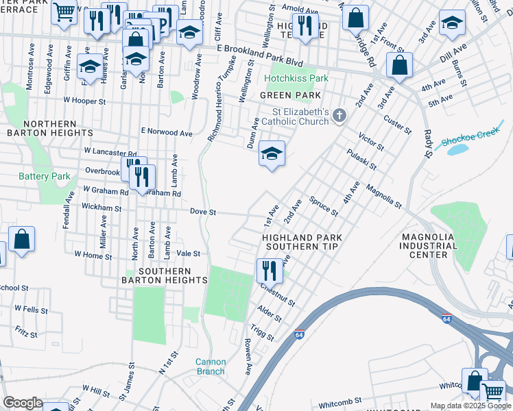 map of restaurants, bars, coffee shops, grocery stores, and more near 2201 Althea Street in Richmond