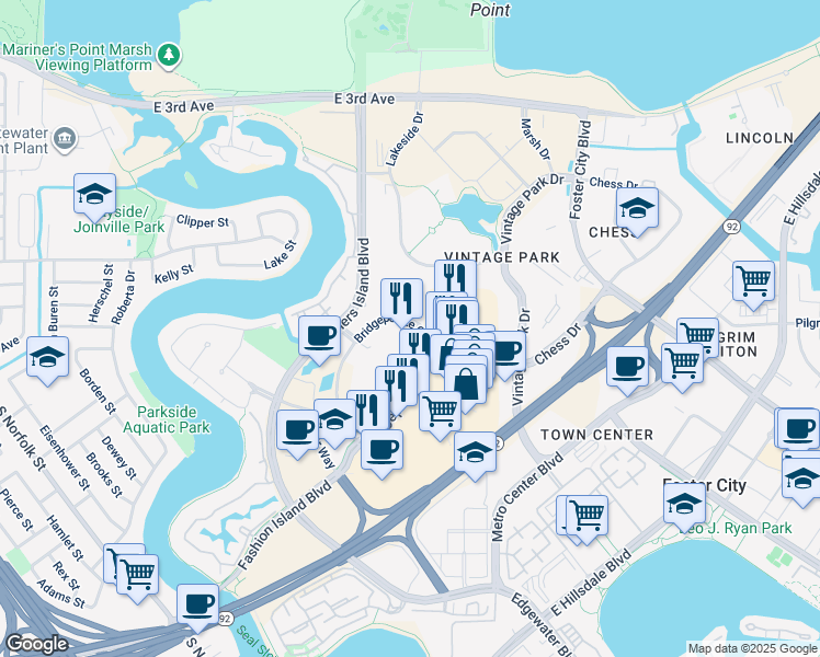 map of restaurants, bars, coffee shops, grocery stores, and more near 1987 Bridgepointe Circle in San Mateo