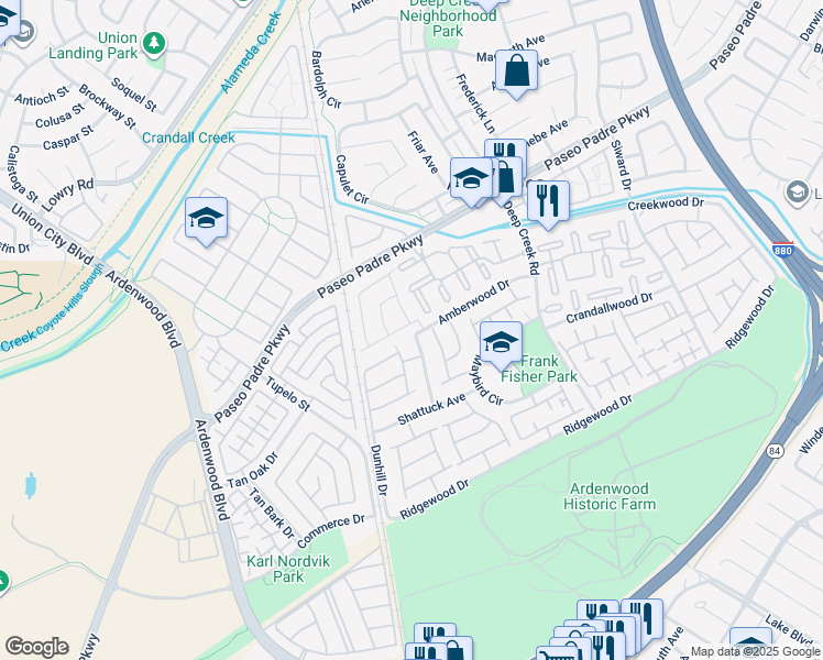 map of restaurants, bars, coffee shops, grocery stores, and more near 5284 Shamrock Common in Fremont