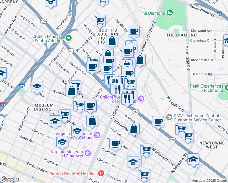 map of restaurants, bars, coffee shops, grocery stores, and more near 2808 West Broad Street in Richmond