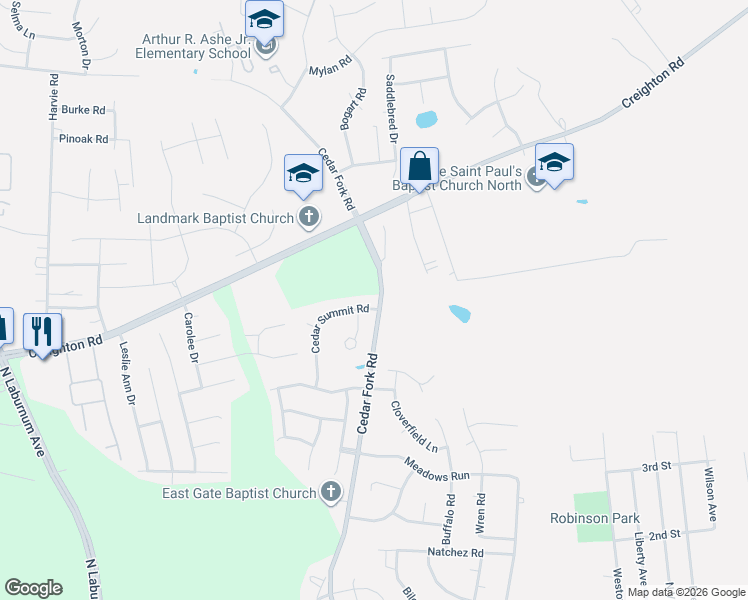 map of restaurants, bars, coffee shops, grocery stores, and more near 5025 Cedar Acres Court in Richmond