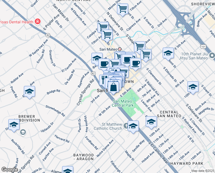 map of restaurants, bars, coffee shops, grocery stores, and more near 11 East 3rd Avenue in San Mateo