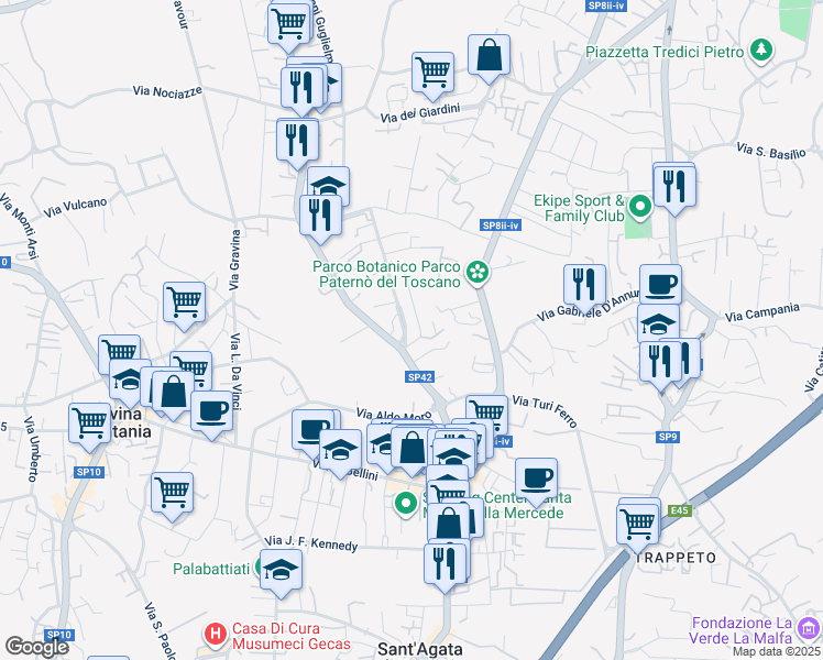 map of restaurants, bars, coffee shops, grocery stores, and more near 2 Via Parco Cristallo in Tremestieri Etneo