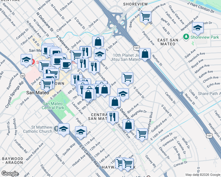 map of restaurants, bars, coffee shops, grocery stores, and more near 618 9th Avenue in San Mateo