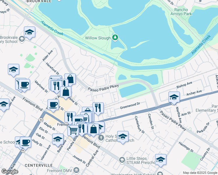 map of restaurants, bars, coffee shops, grocery stores, and more near Paseo Padre Pkwy & Sequoia Rd in Fremont