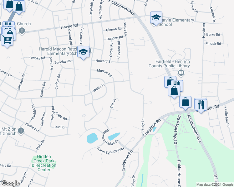 map of restaurants, bars, coffee shops, grocery stores, and more near 3001 Trio Street in Richmond