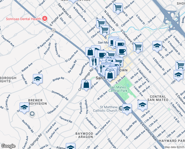 map of restaurants, bars, coffee shops, grocery stores, and more near 27 Crystal Springs Road in San Mateo