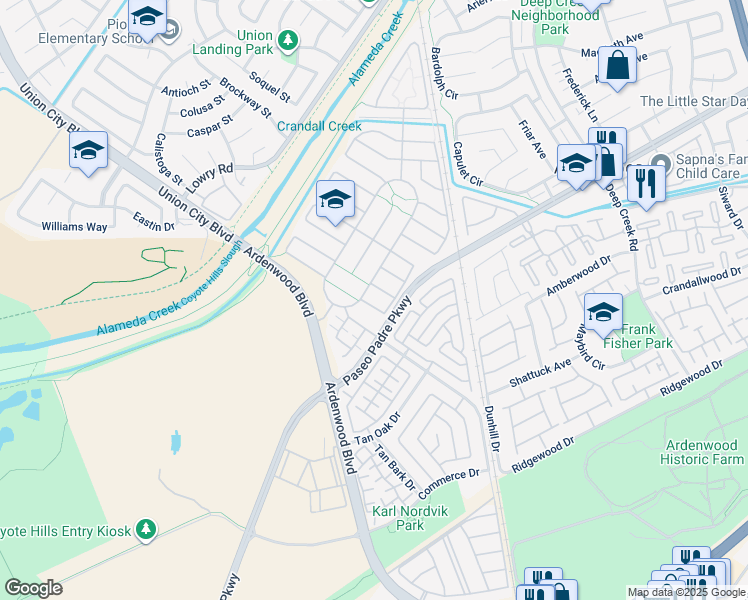 map of restaurants, bars, coffee shops, grocery stores, and more near 33912 Horseshoe Loop in Fremont