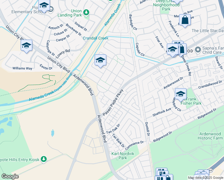 map of restaurants, bars, coffee shops, grocery stores, and more near 33912 Horseshoe Loop in Fremont