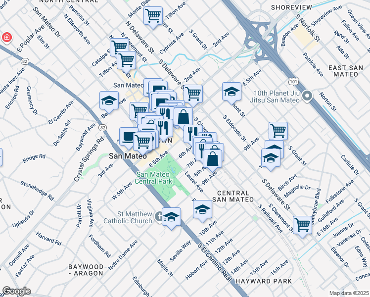 map of restaurants, bars, coffee shops, grocery stores, and more near 555 Laurel Avenue in San Mateo