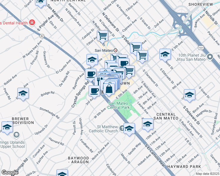 map of restaurants, bars, coffee shops, grocery stores, and more near in San Mateo