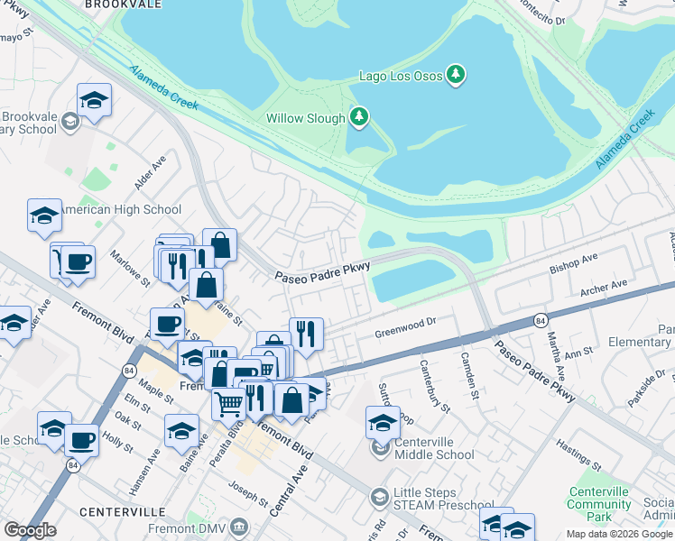 map of restaurants, bars, coffee shops, grocery stores, and more near 37312 Sequoia Road in Fremont
