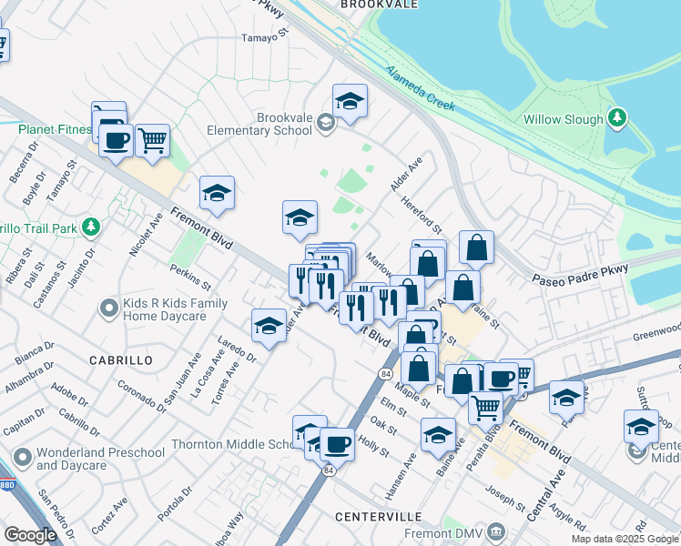 map of restaurants, bars, coffee shops, grocery stores, and more near 36555 Nettles Court in Fremont