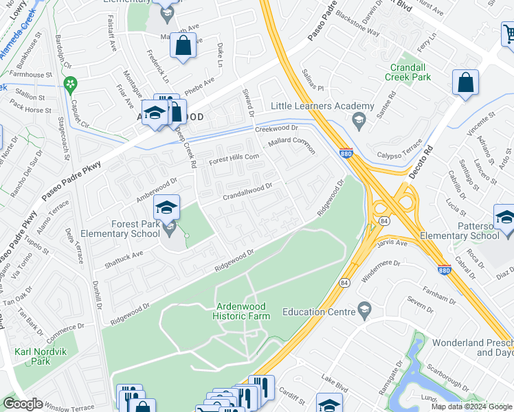 map of restaurants, bars, coffee shops, grocery stores, and more near 5049 Shalimar Circle in Fremont