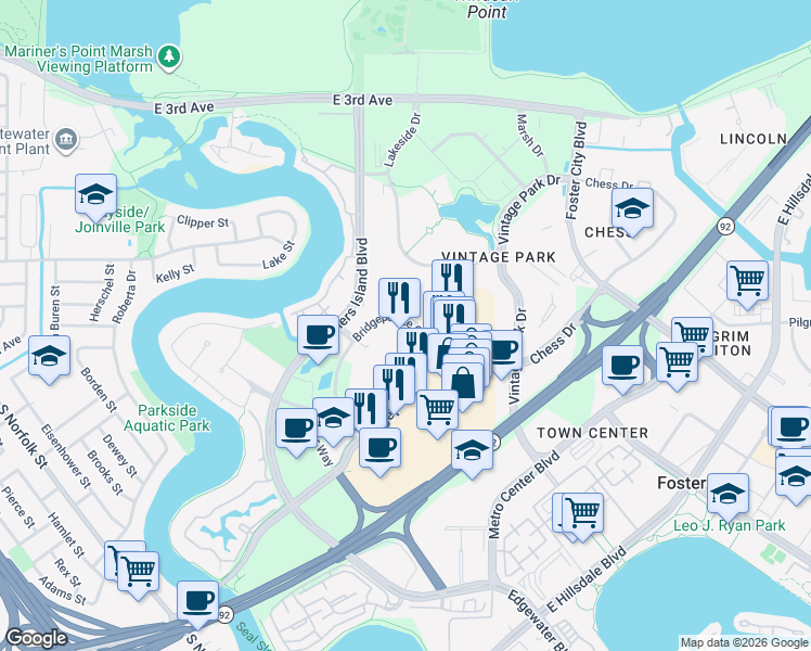 map of restaurants, bars, coffee shops, grocery stores, and more near 1987 Bridgepointe Parkway in San Mateo