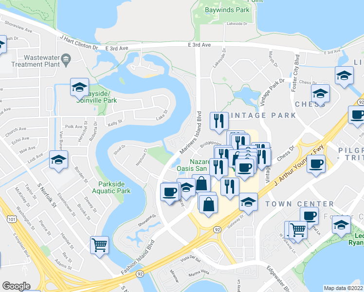 map of restaurants, bars, coffee shops, grocery stores, and more near 735 Fathom Drive in San Mateo