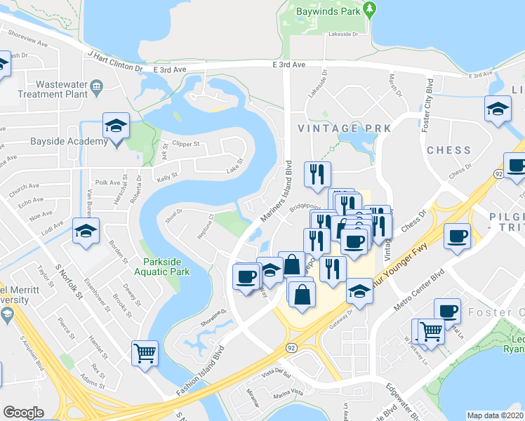 map of restaurants, bars, coffee shops, grocery stores, and more near 735 Fathom Drive in San Mateo