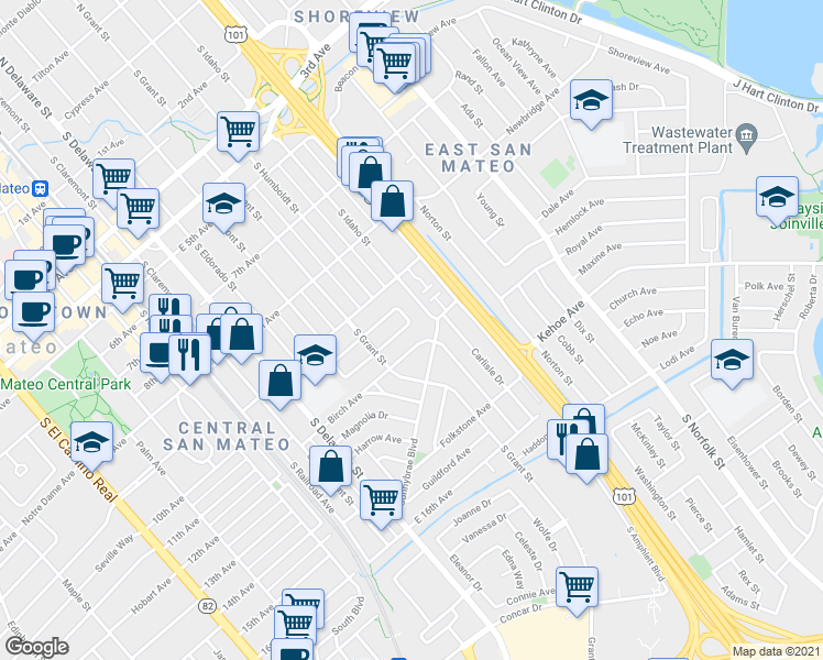 map of restaurants, bars, coffee shops, grocery stores, and more near 1025 Sunnybrae Boulevard in San Mateo