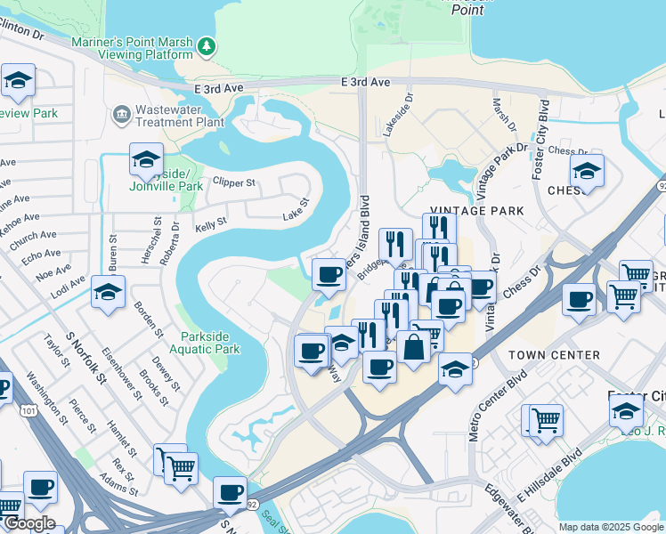 map of restaurants, bars, coffee shops, grocery stores, and more near 710 Mariners Island Boulevard in San Mateo