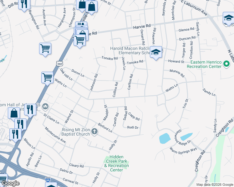 map of restaurants, bars, coffee shops, grocery stores, and more near 2111 Watts Lane in Richmond