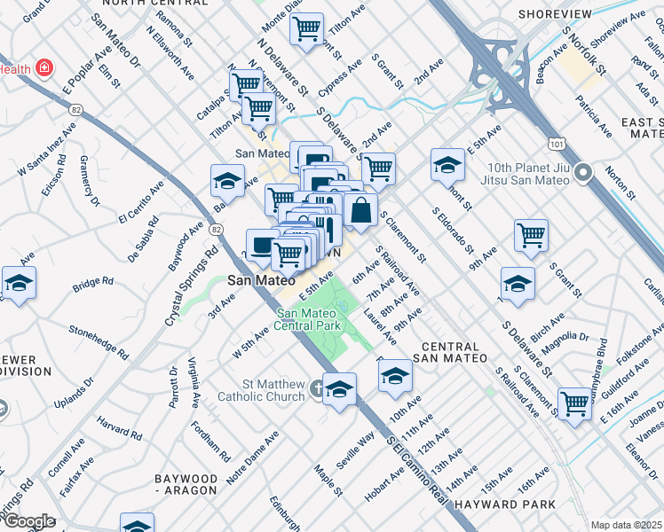 map of restaurants, bars, coffee shops, grocery stores, and more near 153 East 5th Avenue in San Mateo