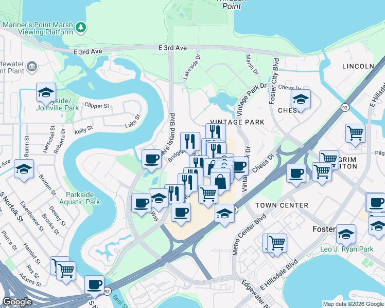 map of restaurants, bars, coffee shops, grocery stores, and more near 1987 Bridgepointe Parkway in San Mateo