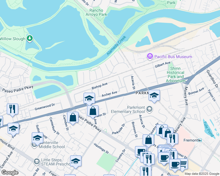 map of restaurants, bars, coffee shops, grocery stores, and more near 38095 Davy Court in Fremont