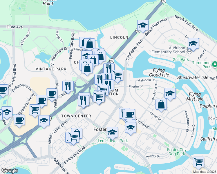 map of restaurants, bars, coffee shops, grocery stores, and more near 1140 Triton Drive in Foster City