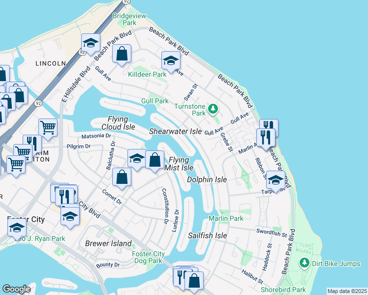 map of restaurants, bars, coffee shops, grocery stores, and more near in Foster City
