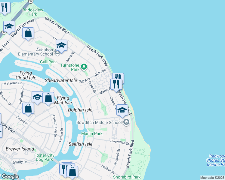 map of restaurants, bars, coffee shops, grocery stores, and more near 1495 Beach Park Boulevard in Foster City