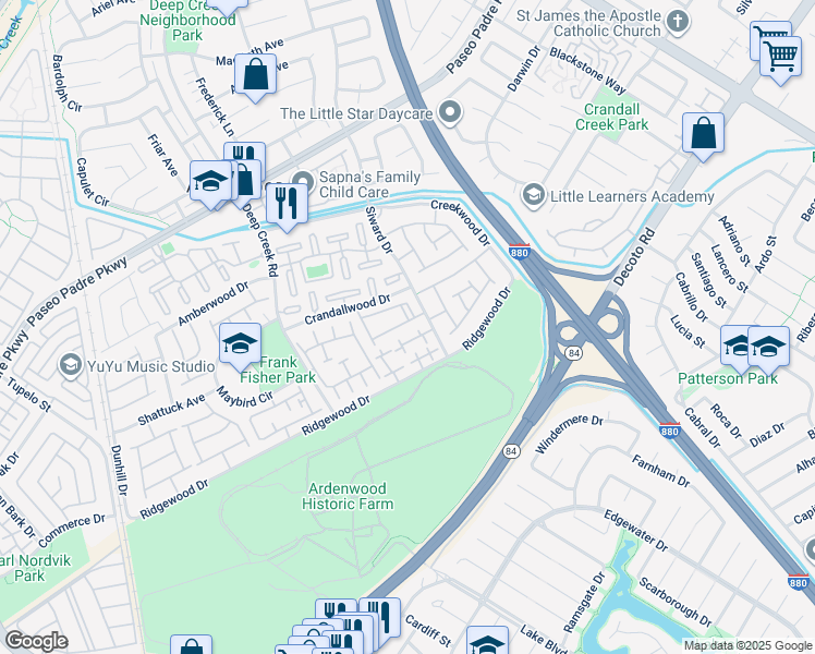 map of restaurants, bars, coffee shops, grocery stores, and more near 34627 Pueblo Terrace in Fremont