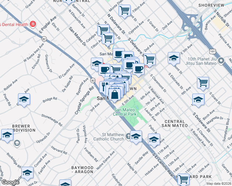 map of restaurants, bars, coffee shops, grocery stores, and more near 60 East 3rd Avenue in San Mateo