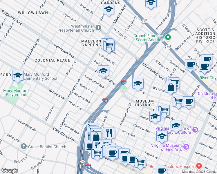 map of restaurants, bars, coffee shops, grocery stores, and more near 503 North Hamilton Street in Richmond