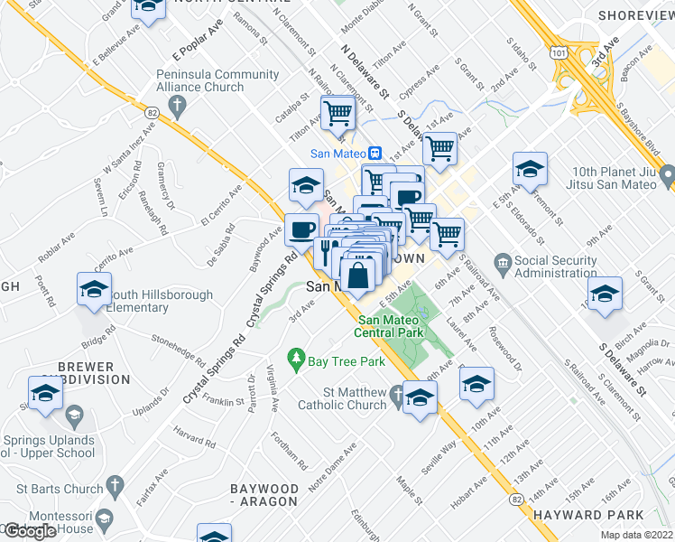 map of restaurants, bars, coffee shops, grocery stores, and more near 11 East 3rd Avenue in San Mateo