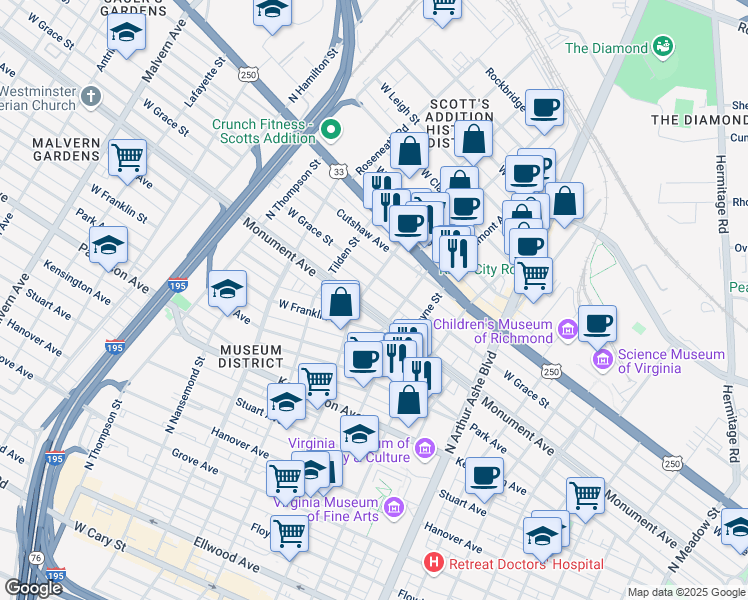 map of restaurants, bars, coffee shops, grocery stores, and more near 3142 Monument Avenue in Richmond