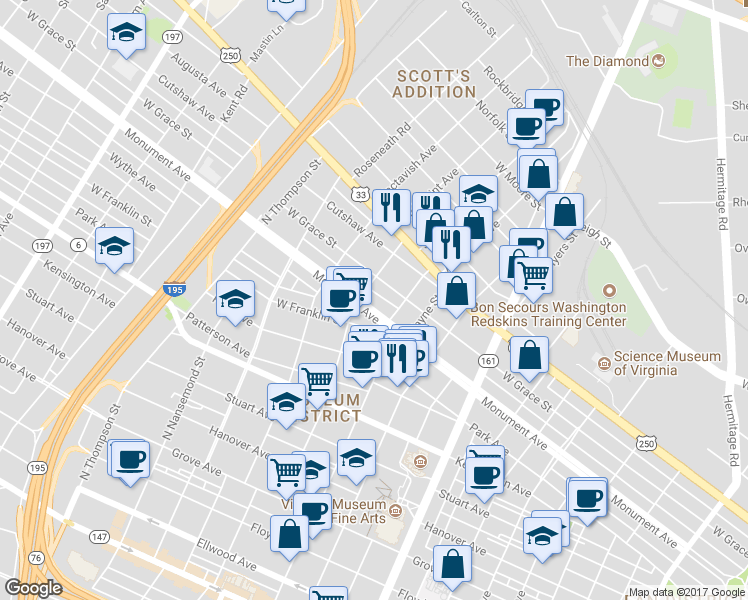 map of restaurants, bars, coffee shops, grocery stores, and more near 3142 Monument Avenue in Richmond