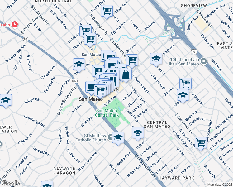 map of restaurants, bars, coffee shops, grocery stores, and more near 555 Laurel Avenue in San Mateo