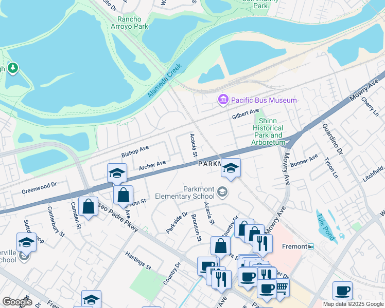 map of restaurants, bars, coffee shops, grocery stores, and more near 38131 Acacia Street in Fremont